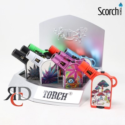 SCORCH TORCH 45DEG TABLE TORCH W/ HOLD BUTTON ASST. COLORS & LEAF DESIGNS - STDS133 9CT/ DISPLAY